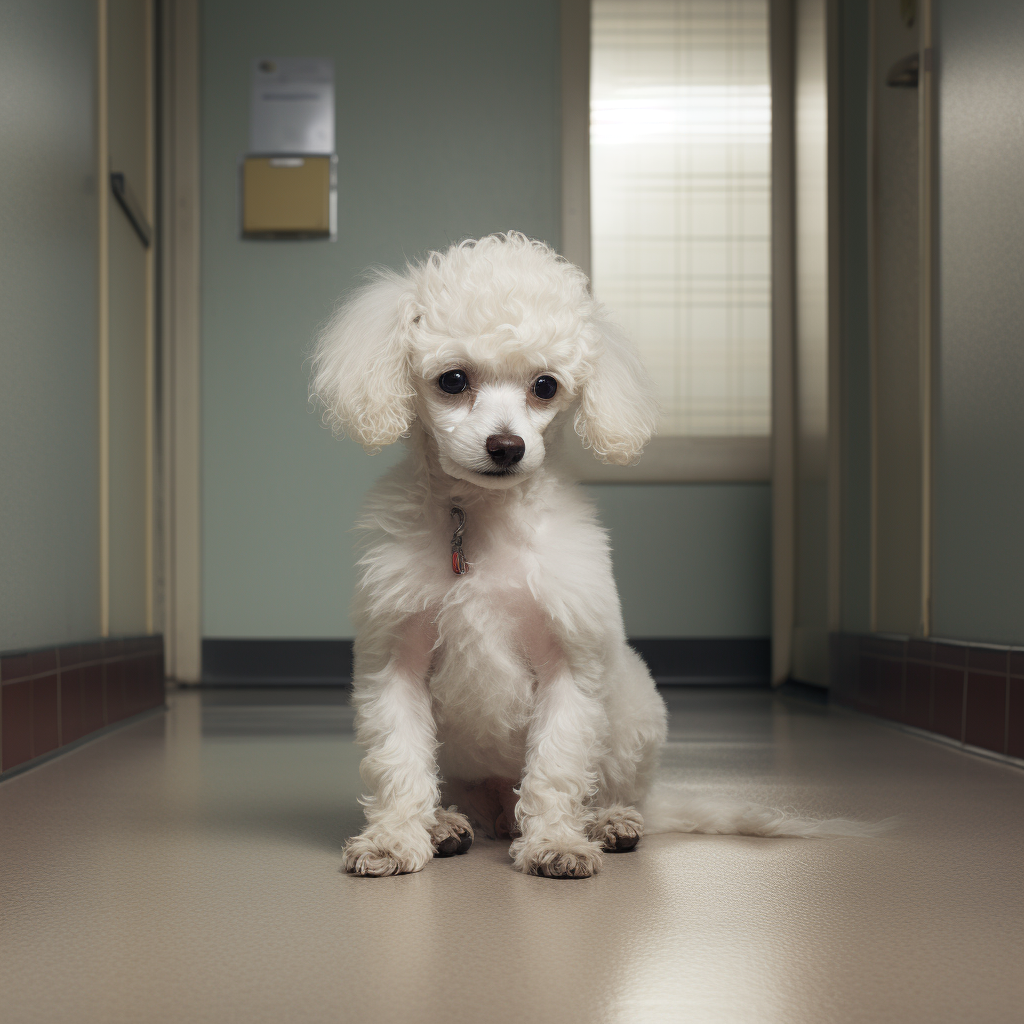 White poodle puppy with one leg