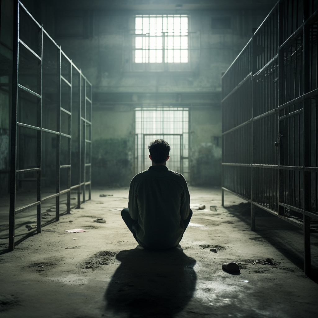 A man in his 40s sitting alone in a big prison