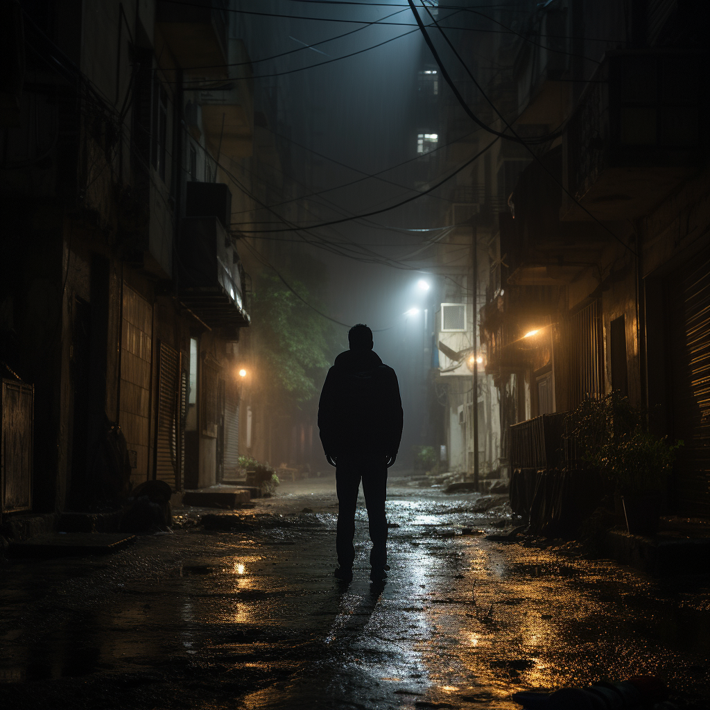 Lonely man walking in poor neighborhood at night