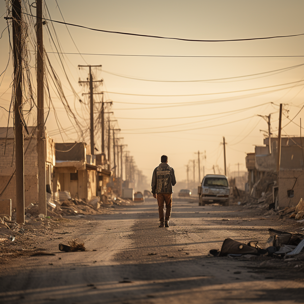 Lonely man walking in poor neighborhood of Iraq