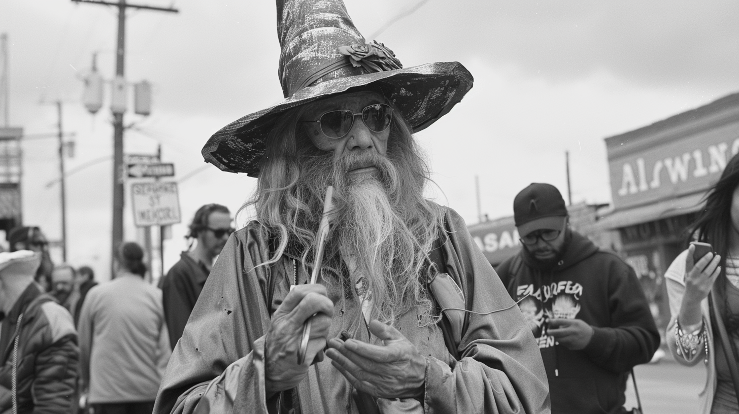 Sad Wizard Surrounded by People on Phones