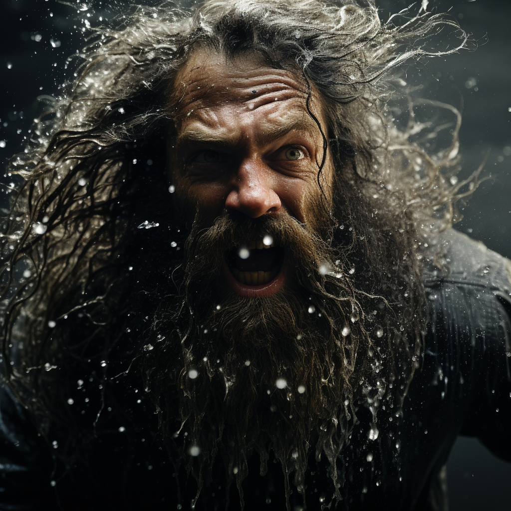 Man with long beard in raging sea