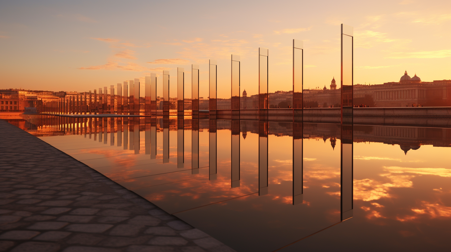 Sunset reflections on contemporary catwalk in Rome