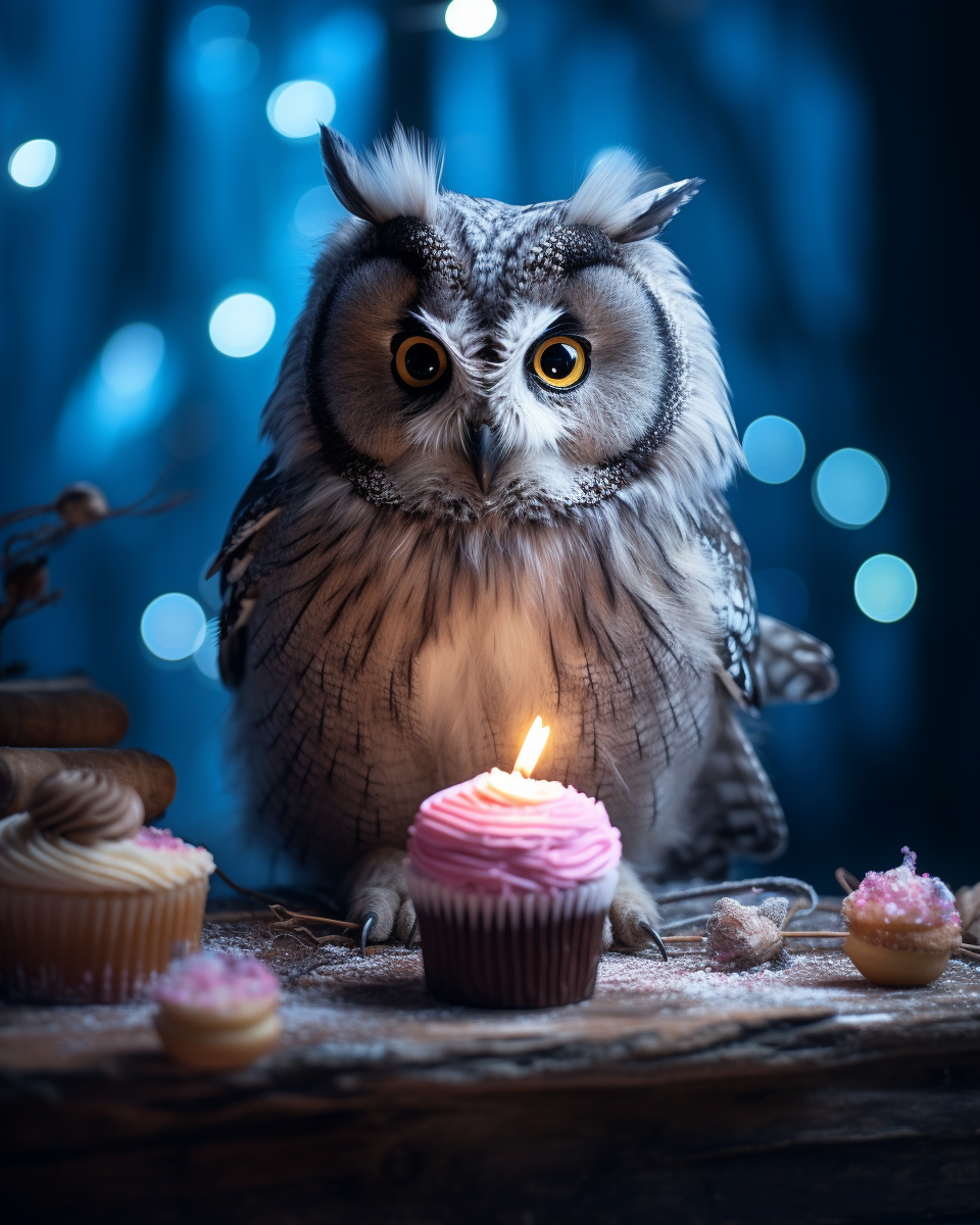 Long-eared owl with frost-covered cupcake