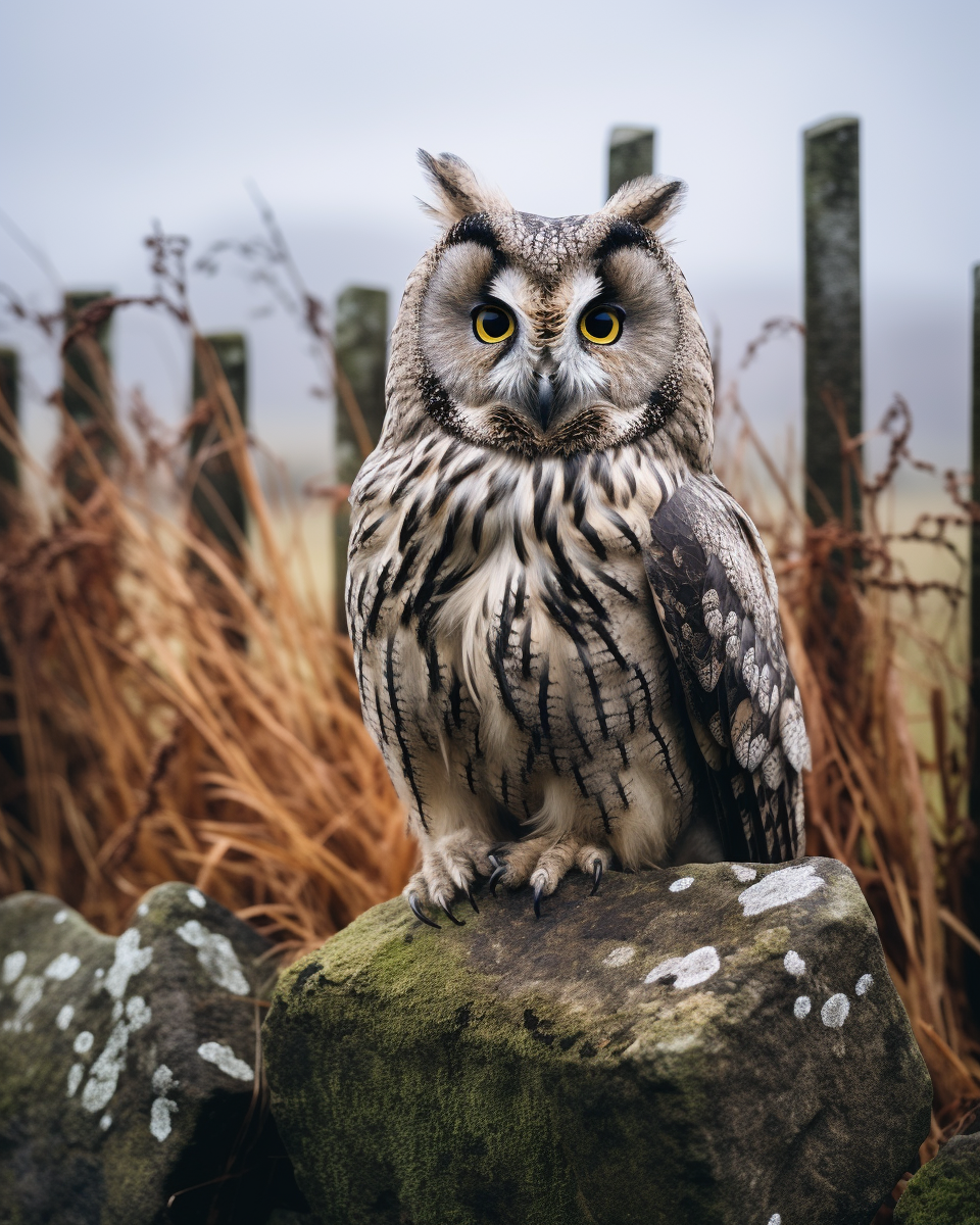 Majestic long-eared owl surrounded by sheep and stone wall