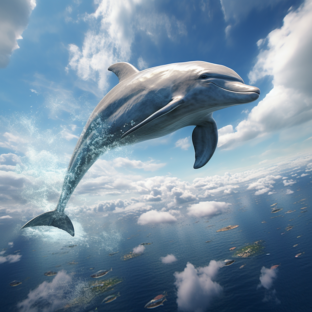 Elegant long-finned dolphin soaring in futuristic sky