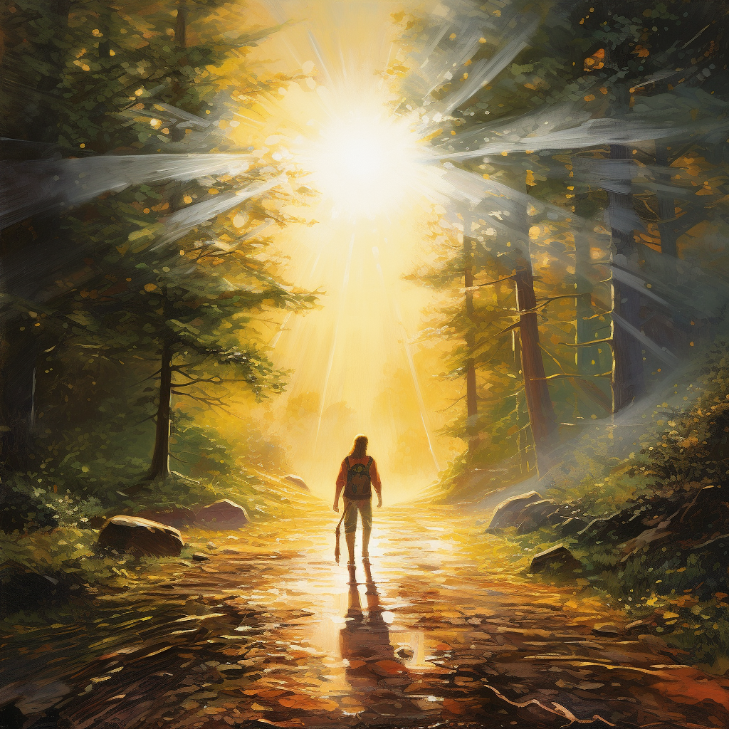 Man walking in forest under bright sun