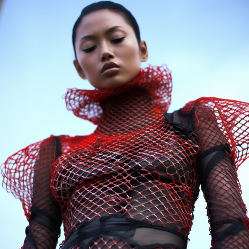 Stylish hands wrapped around red fishnet top