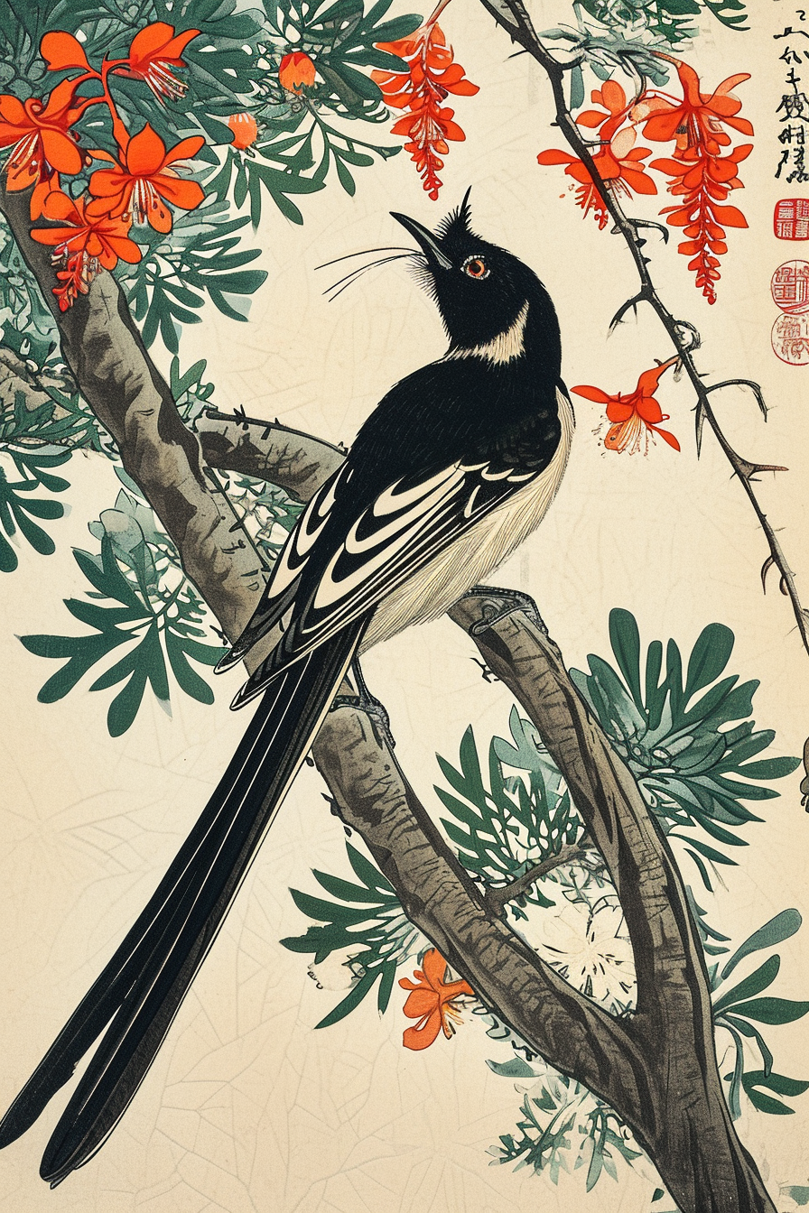 Beautiful Long Tailed Widowbird in Japanese Woodblock Art