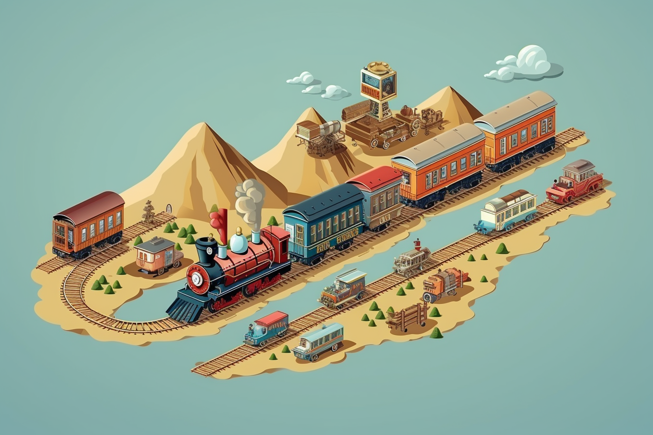 Cartoonish Train with Carriages Isometric View