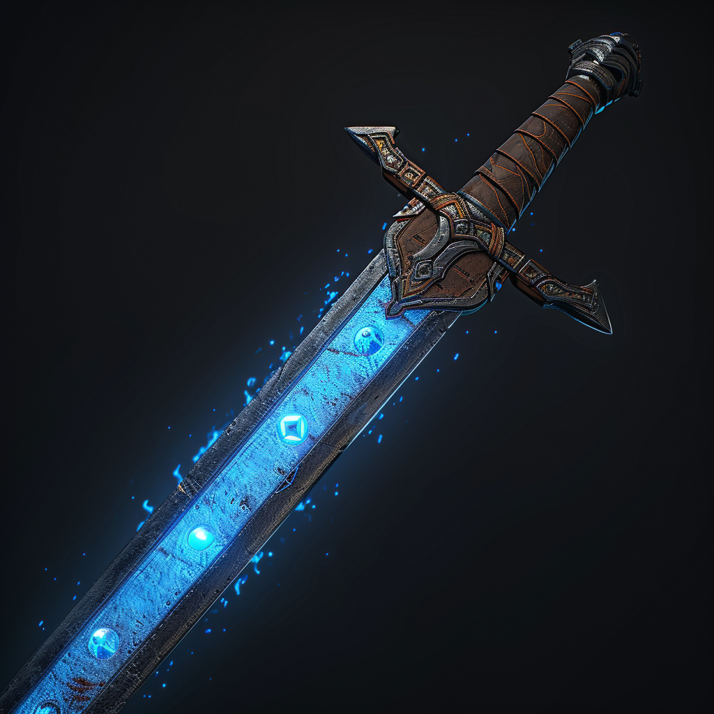 Detailed longsword with leather hilt and blue glowing runes