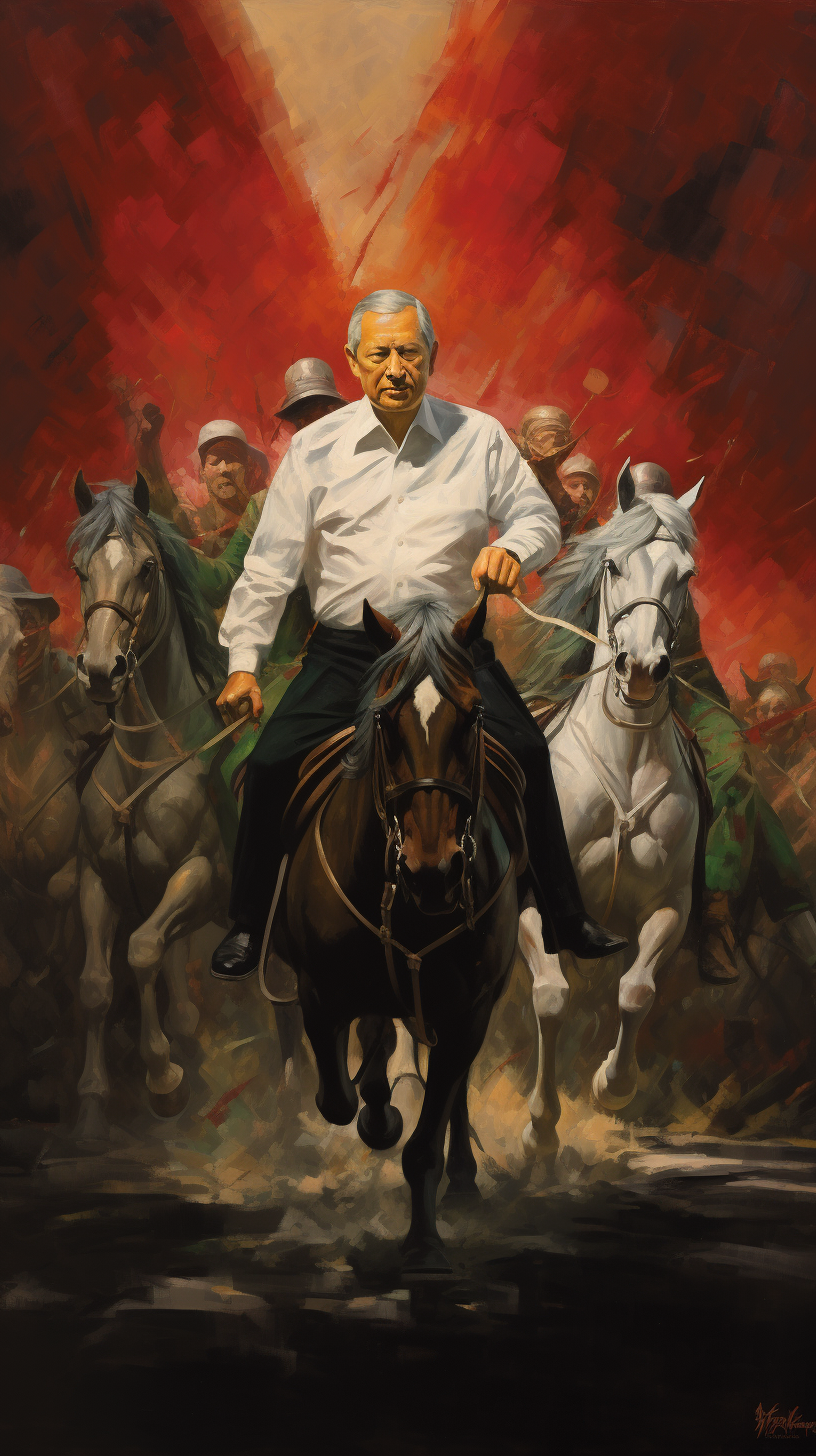 Historical painting of Lopez Obrador leading Mexico's independence charge