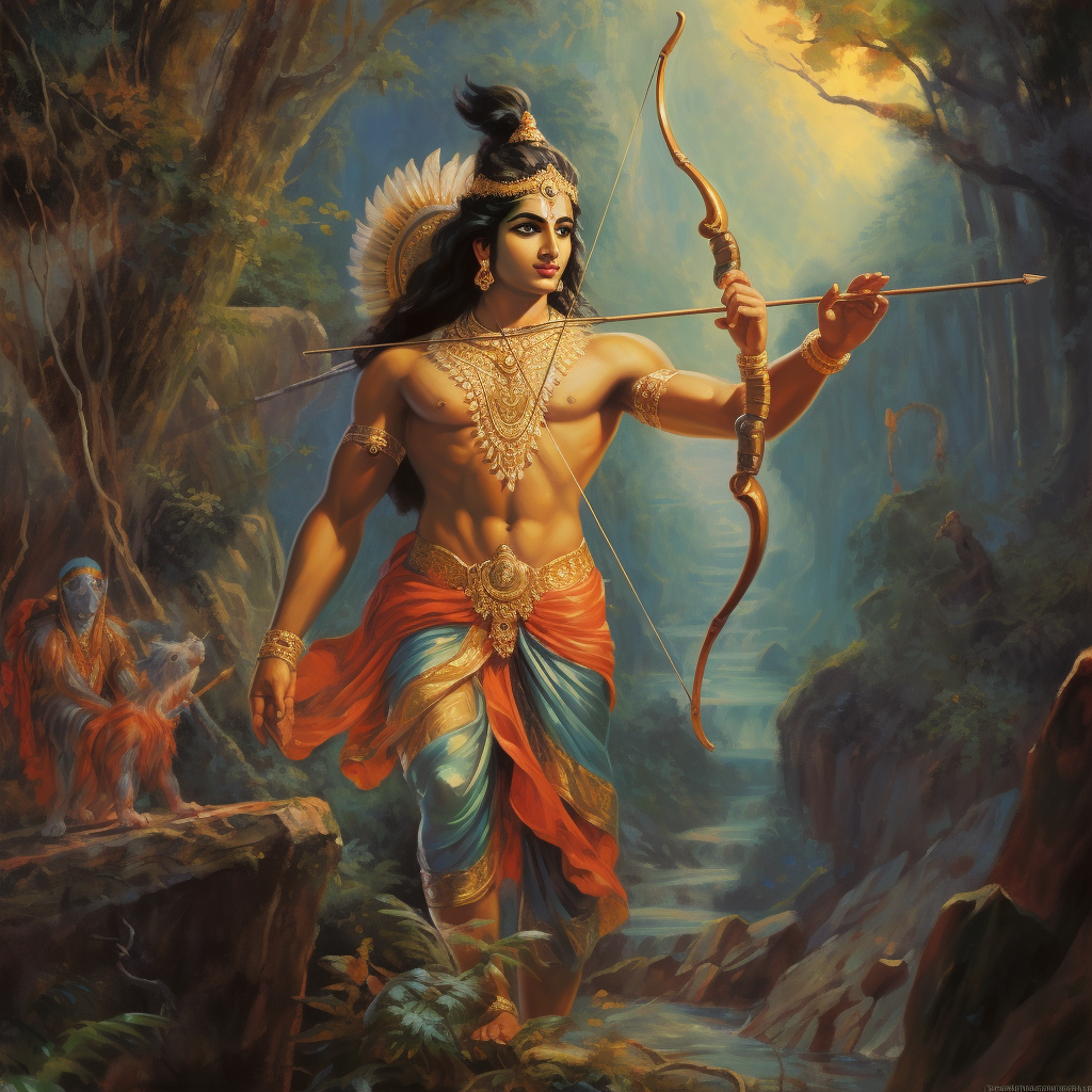 Lord Ram shooting arrow at demon with calmness