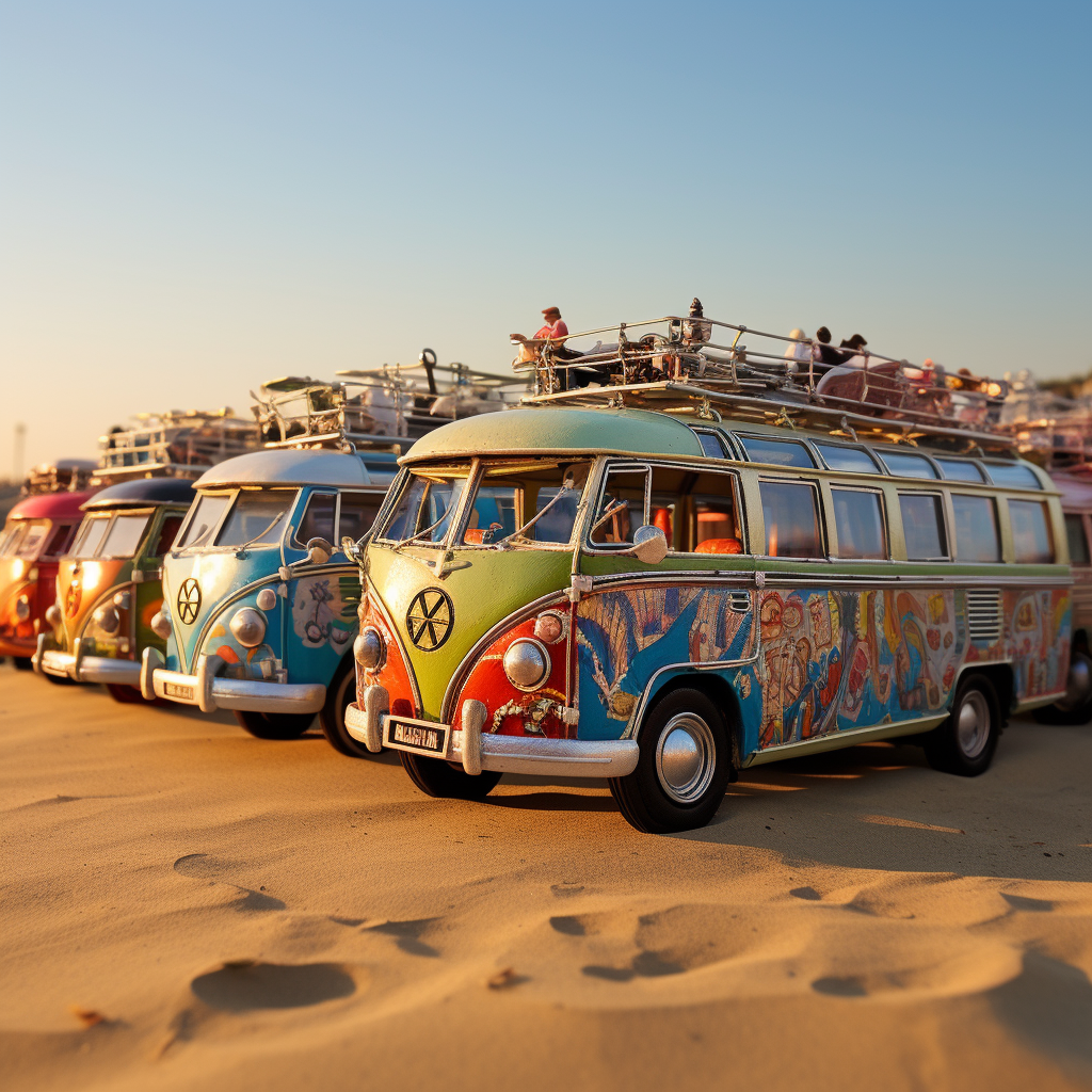 Model buses on Los Angeles beach