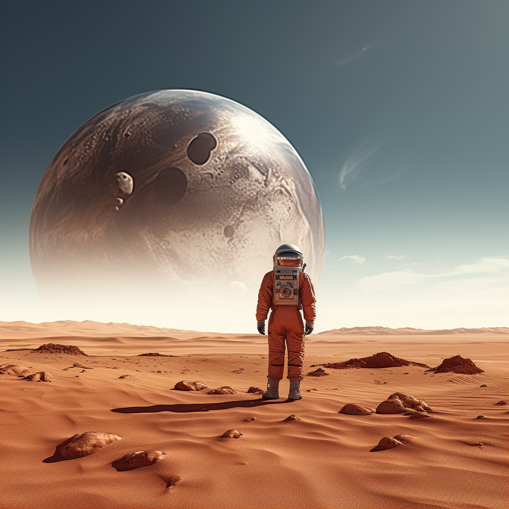 Lost astronaut wandering in surreal desert landscape