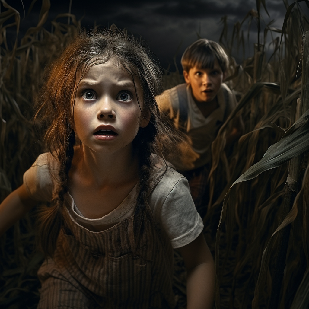 Terrified little boy and girl in cornfield