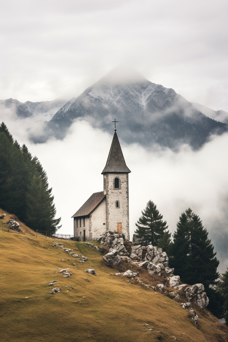 Minimalist poster of a lost chapel in the mountains