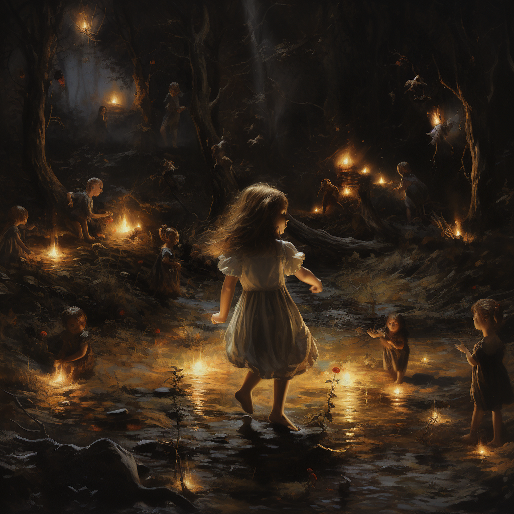 A small girl lost in a dark forest with dancing witches