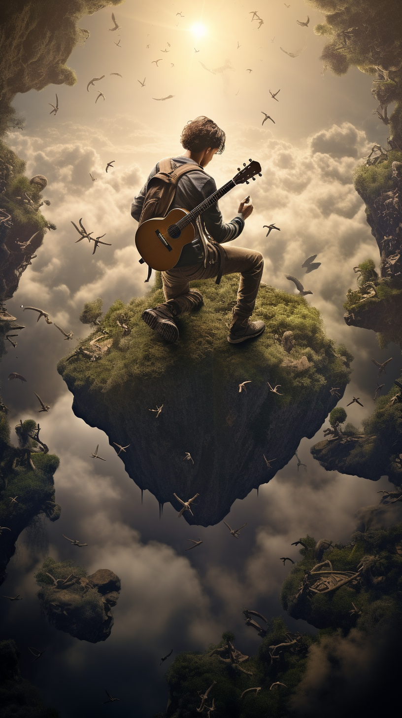 Enchanting image of a flying musician