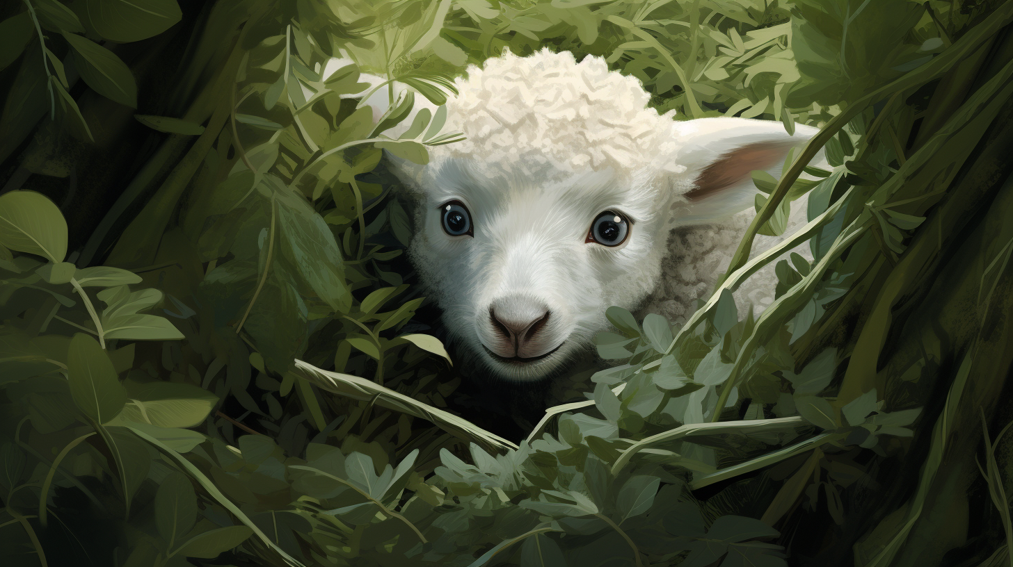 Sad lamb hiding under bush