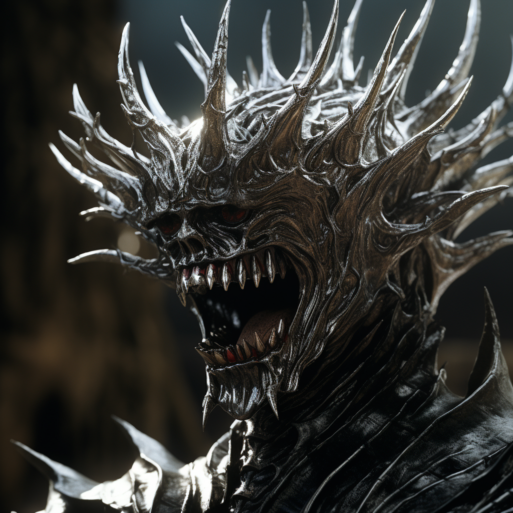 Cinematic still of LOTR Mouth character with crown