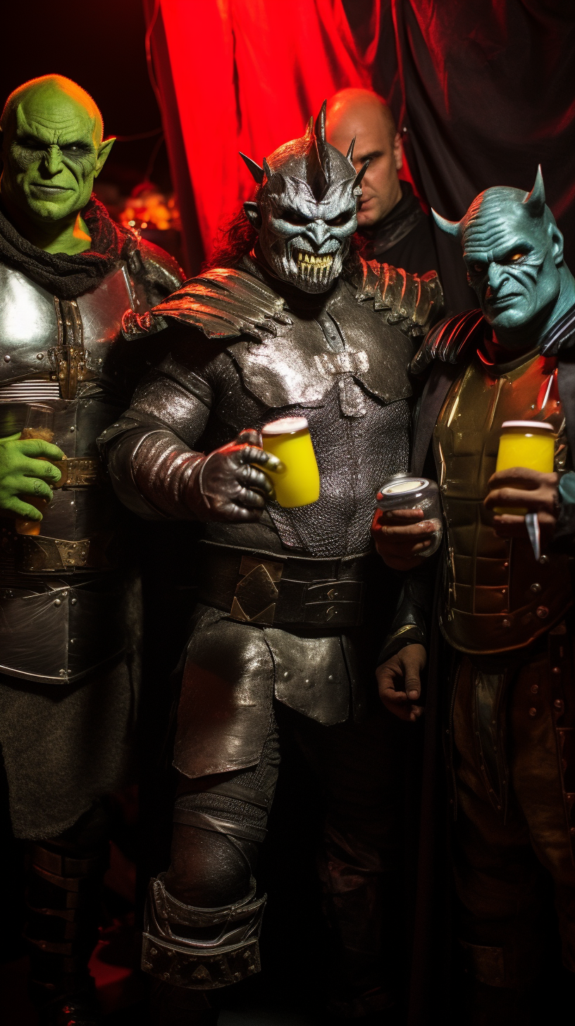 Orcs dressed as superheroes at Halloween party