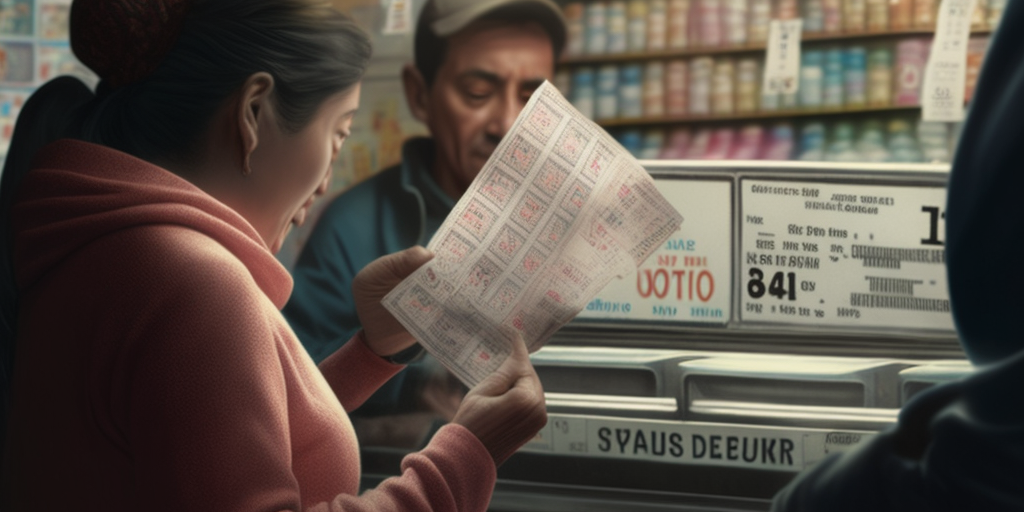 Close-up of lottery ticket being handed in bodega