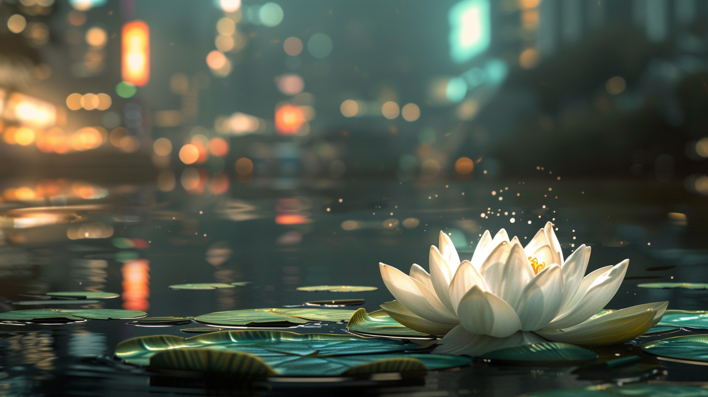 Lotus flower floating on pond with cityscape contrast