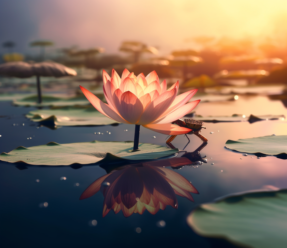 Fully opened lotus flower on calm water