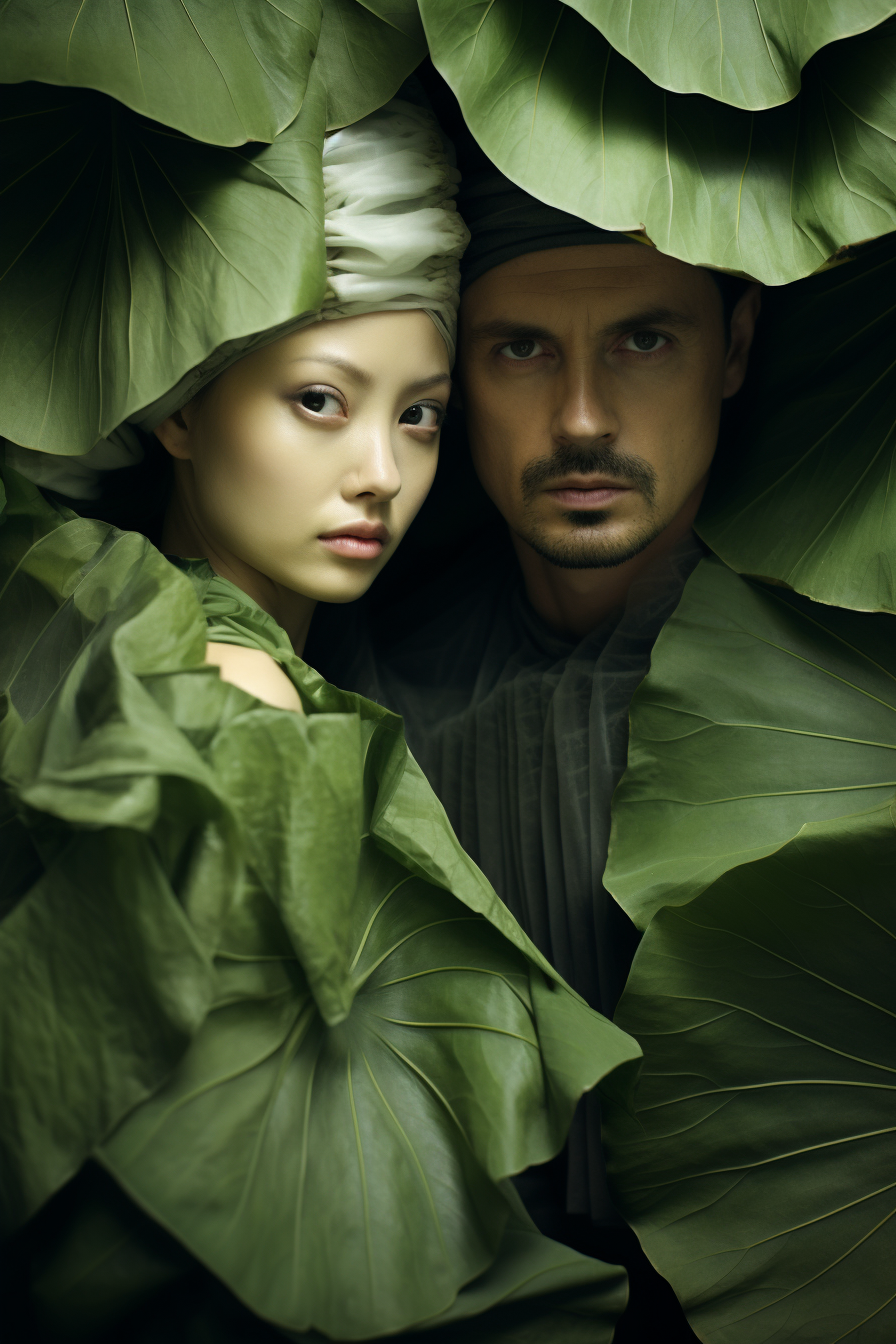 Couple immersed in lotus leaf serenity