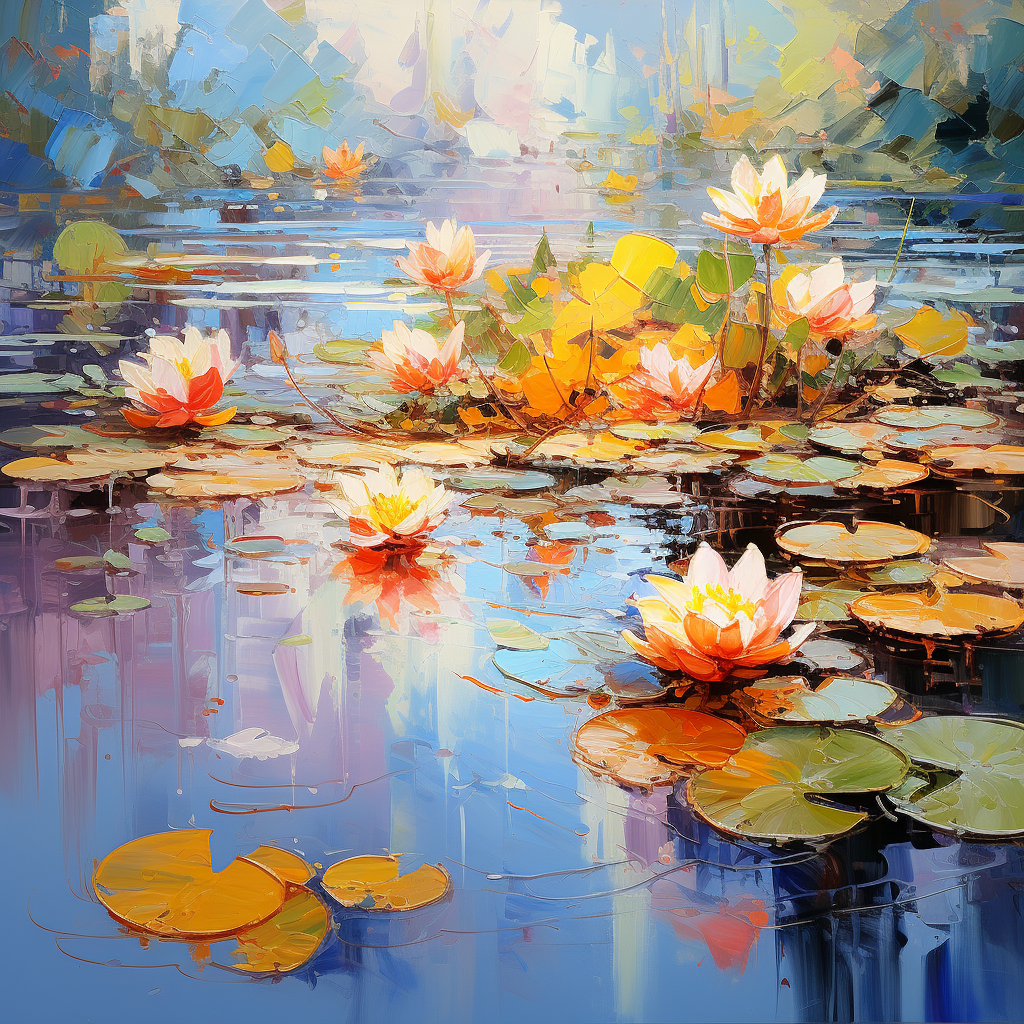 Vivid Monet-style lotus pond