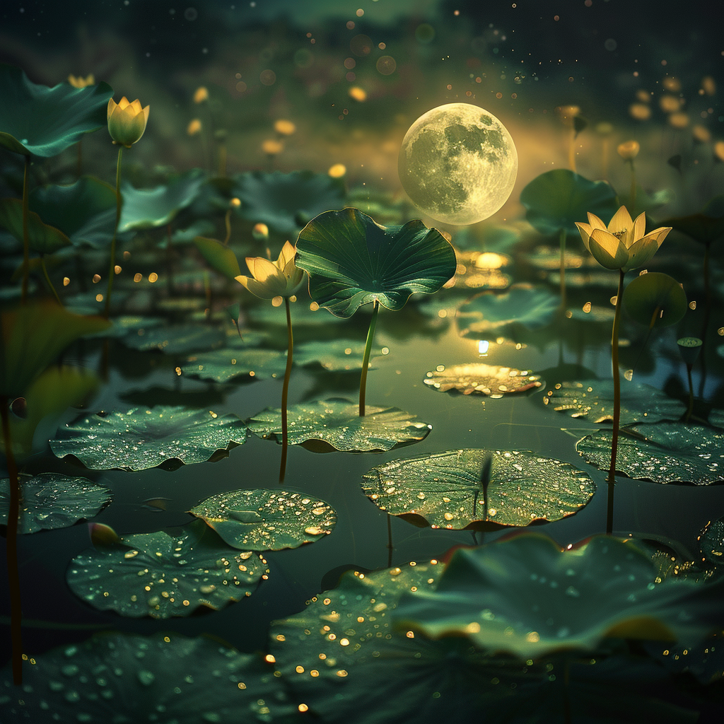 Lotus Pond Night with Moon