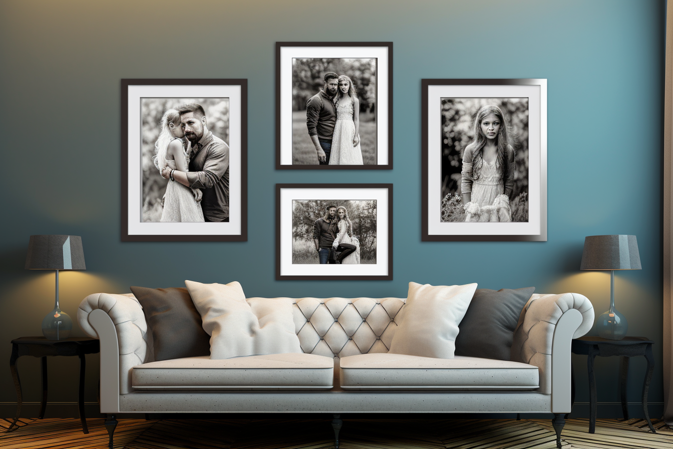 Black framed family portraits on lounge wall