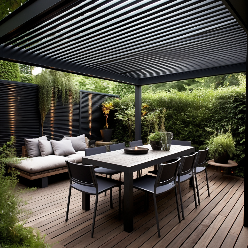 Modern louvered pergola providing outdoor shade solution