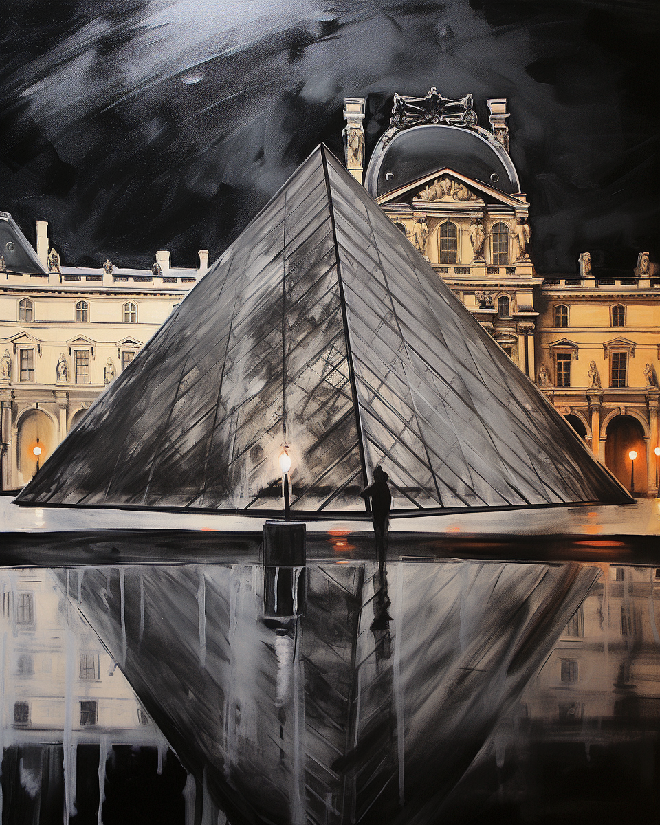 Expressionist charcoal sketch of Louvre Pyramid at night