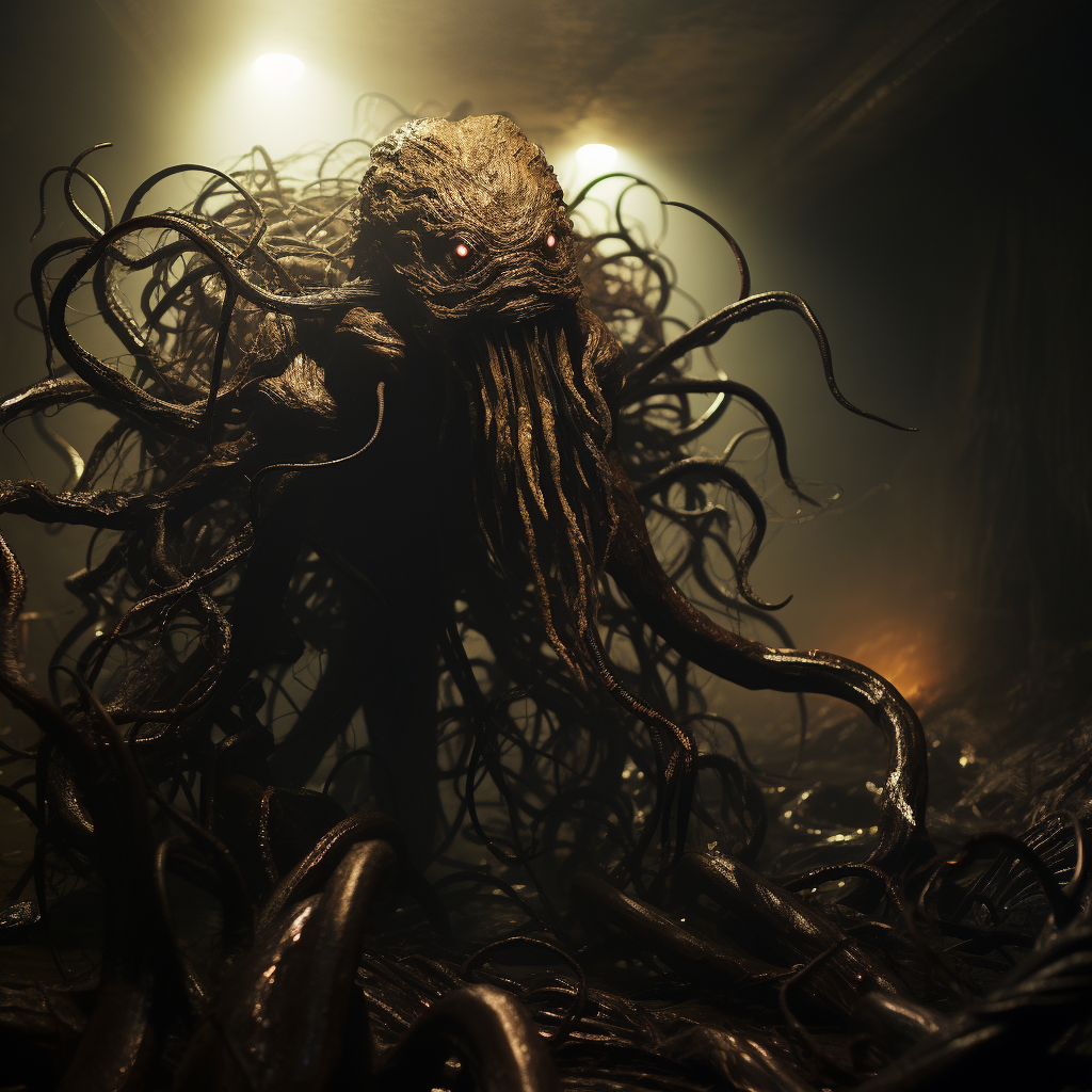 Lovecraftian monster in dark sandy cave