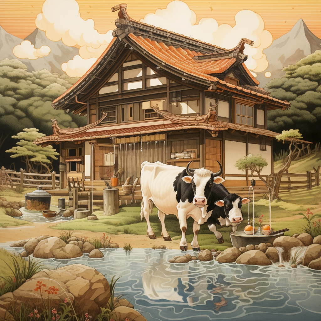 Japanese house with cow and rice