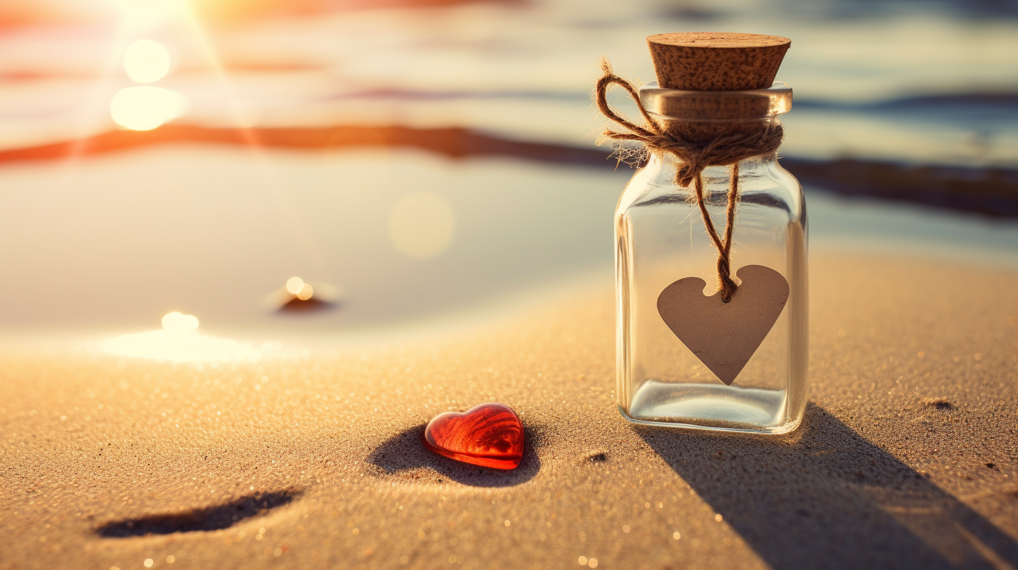 Love letter inside bottle on sand and water