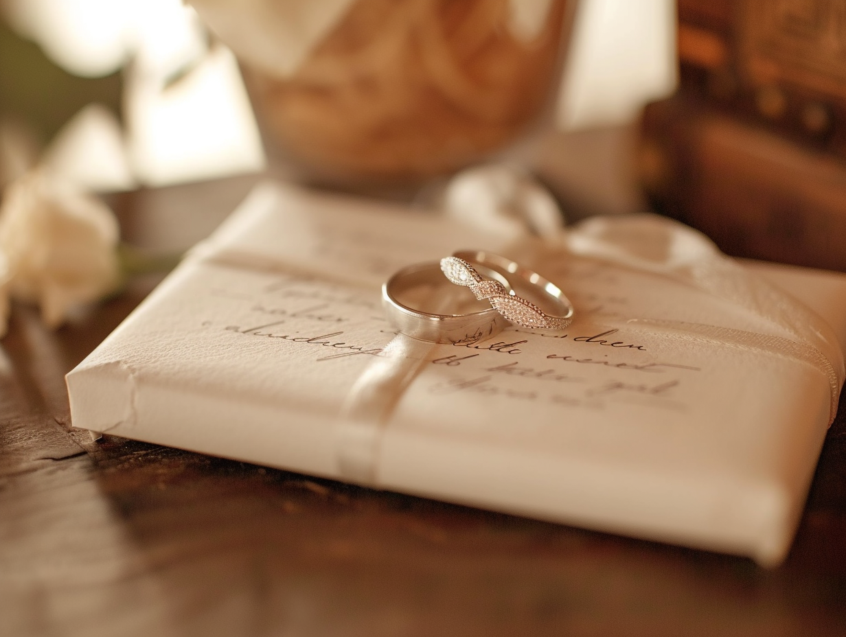 Handwritten love letter and intertwined rings