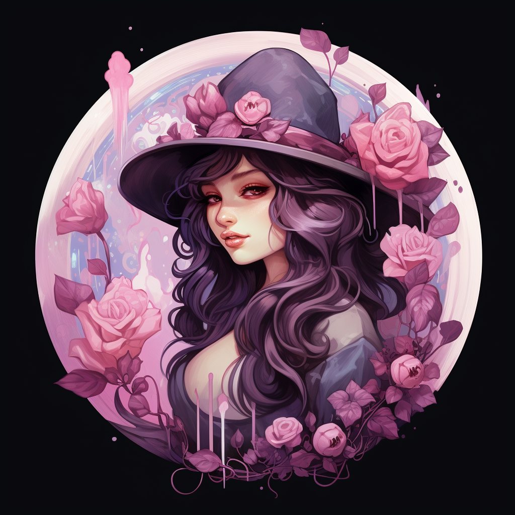 Enchanting love witch logo with heart-shaped flowers and gemstones