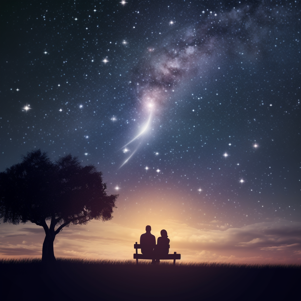 Love couple looking at sky and shooting stars