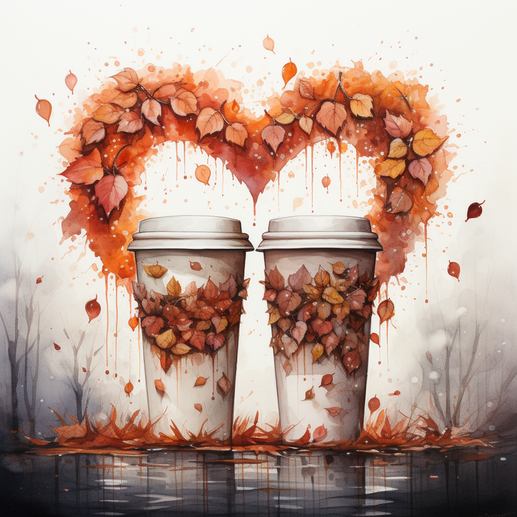 Sketch of love, starbucks lattes, and leaves