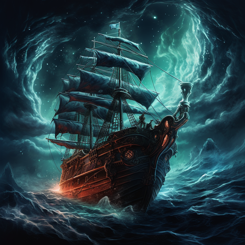 Scary Lovecraftian Pirate Ship Sailing Cosmic Ocean