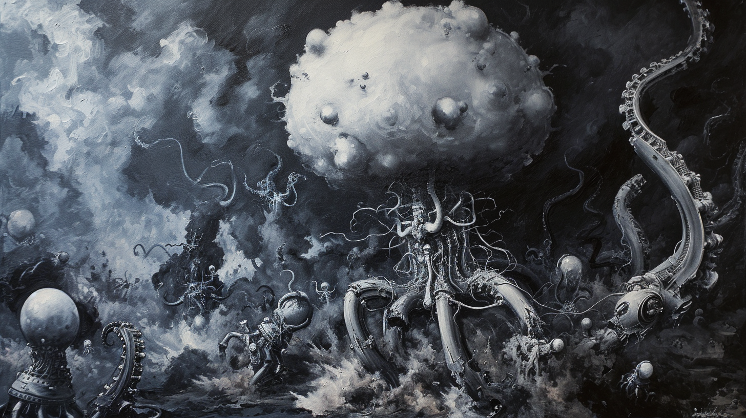 Lovecraftian robot army explosion artwork