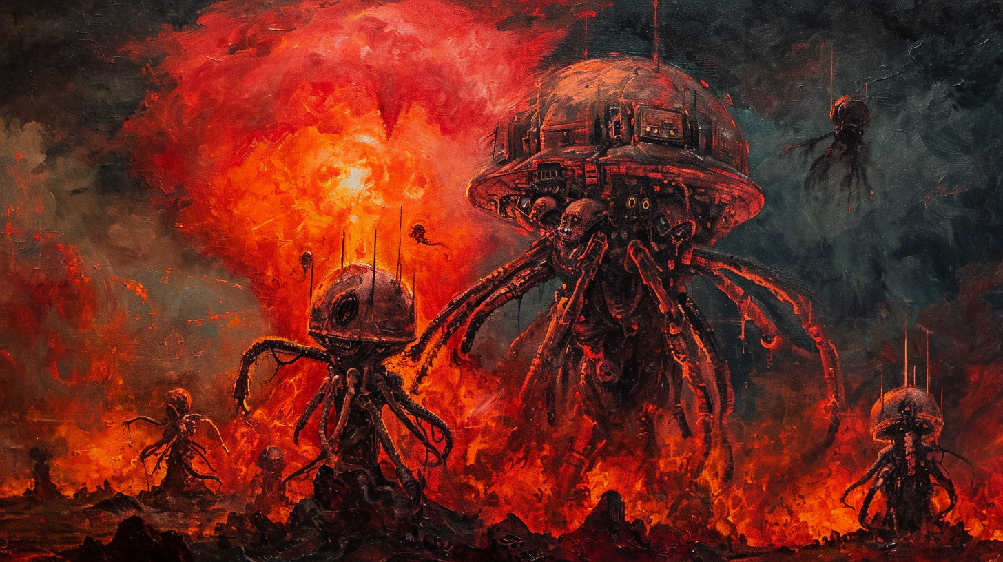 Lovecraftian robots nuclear explosion artwork