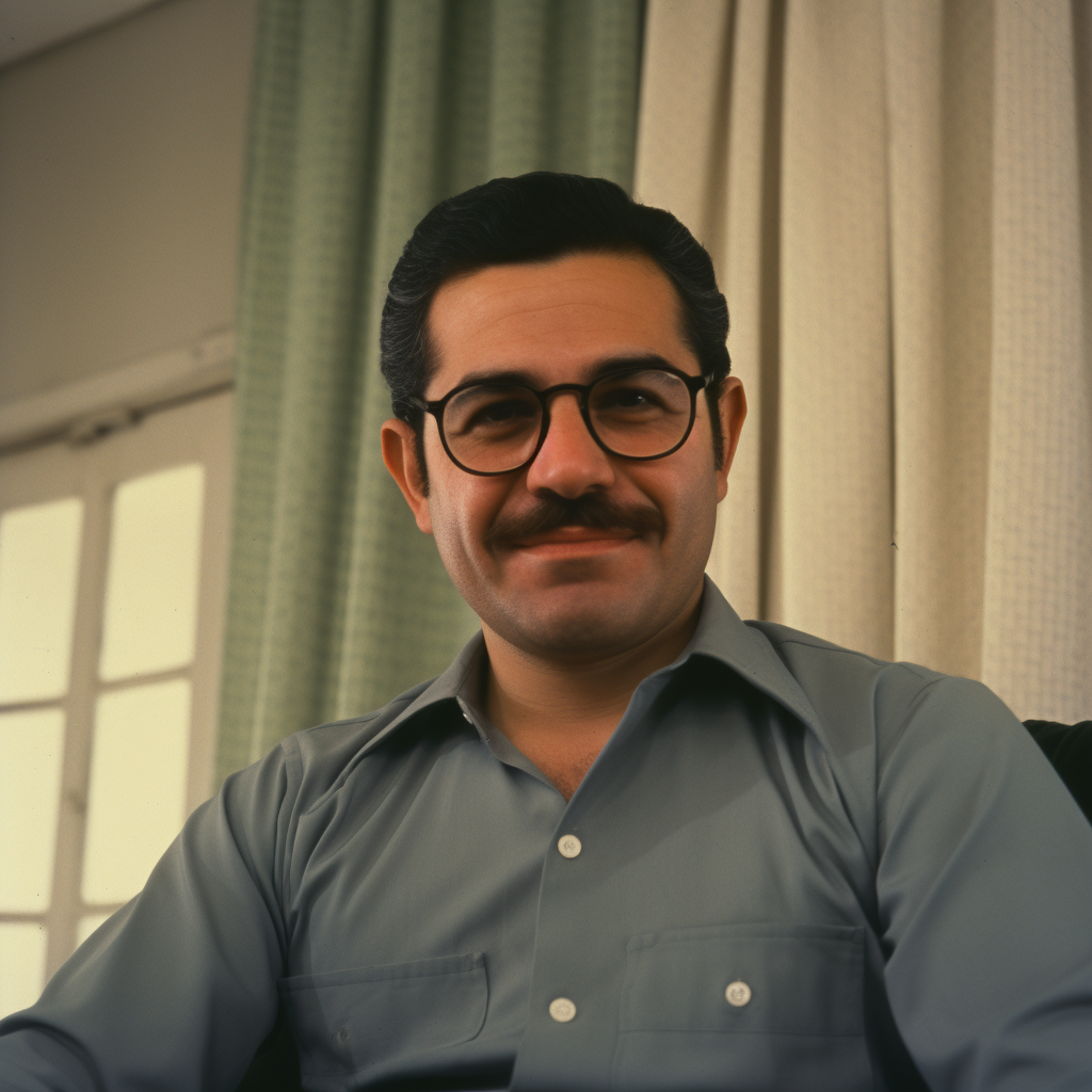 Iraqi father with white skin, brown eyes, black hair, and glasses