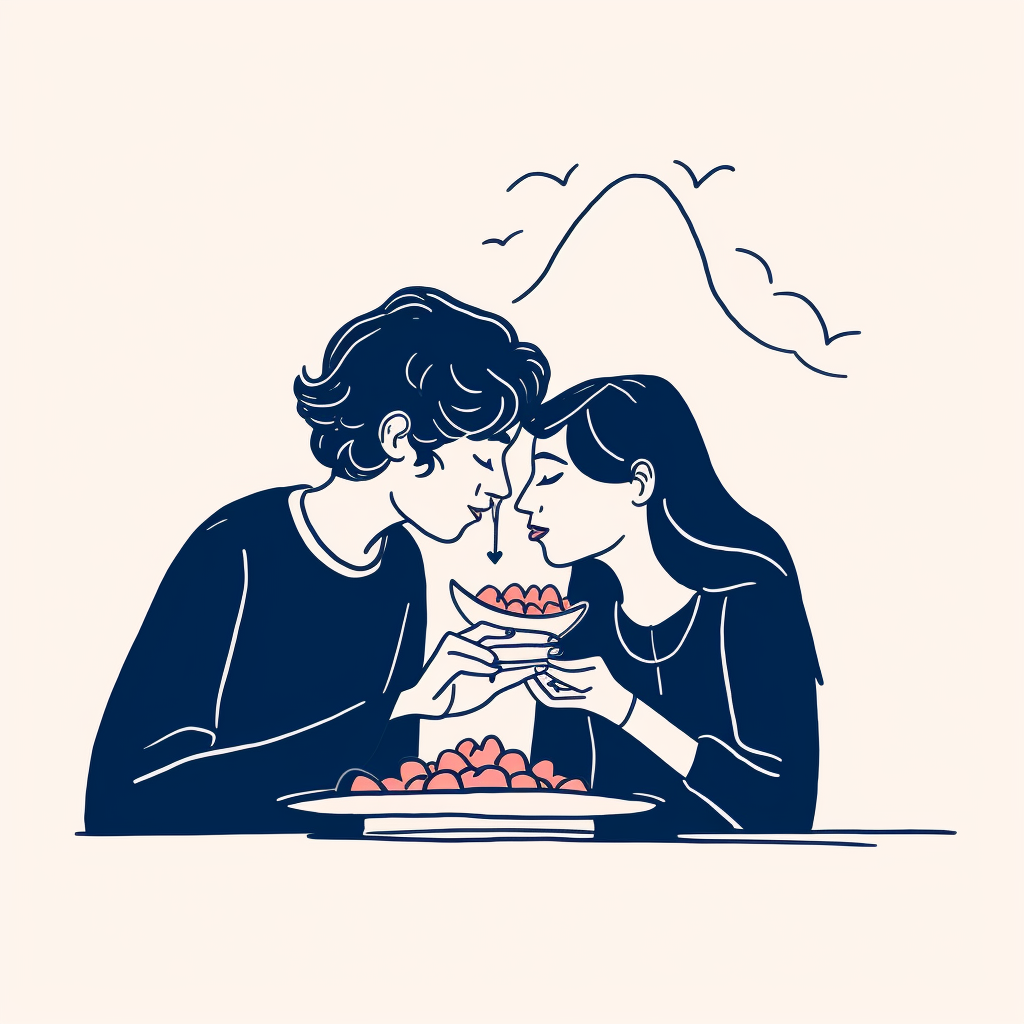 Two lovers kissing while eating cake