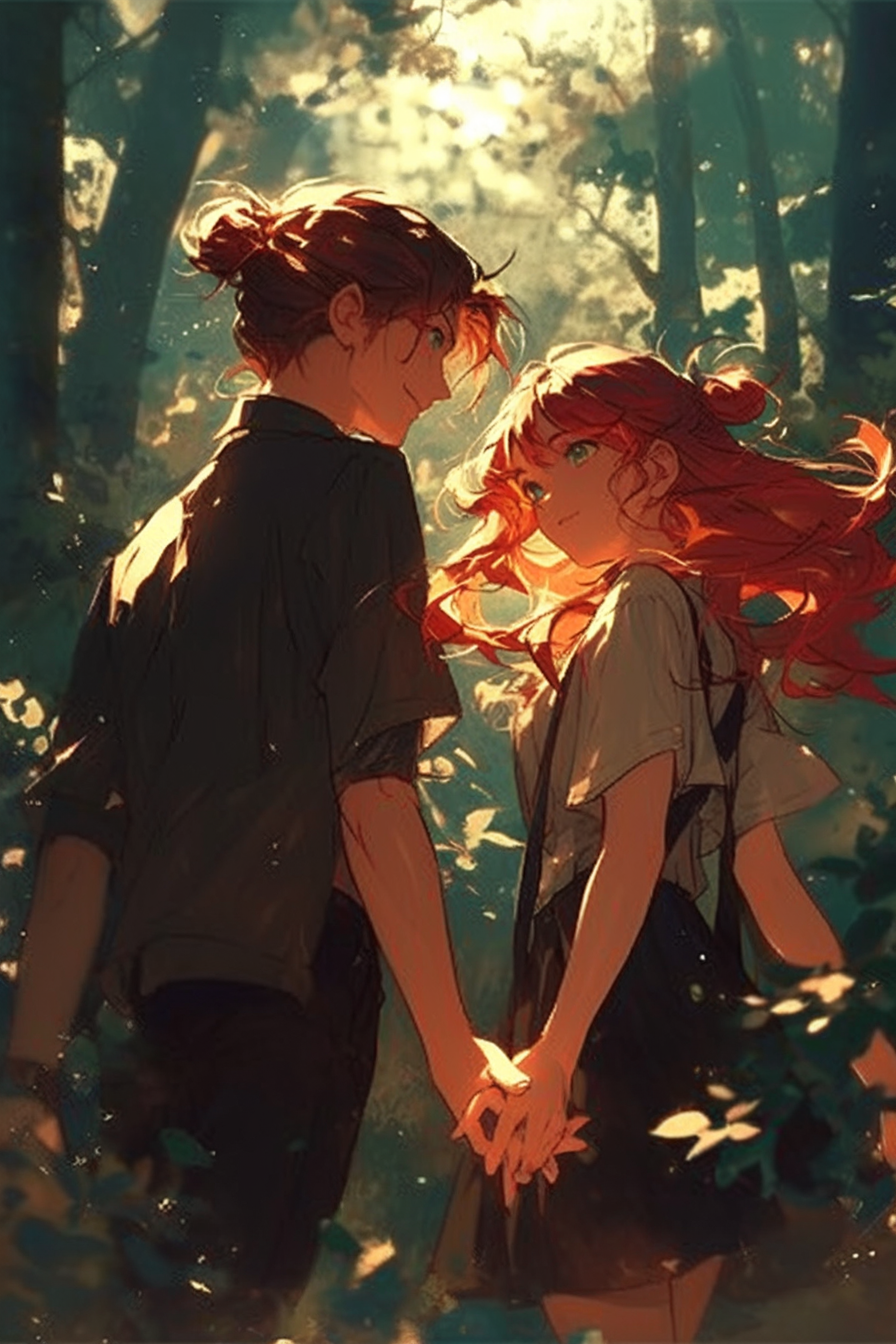 Lovers in forest holding hands