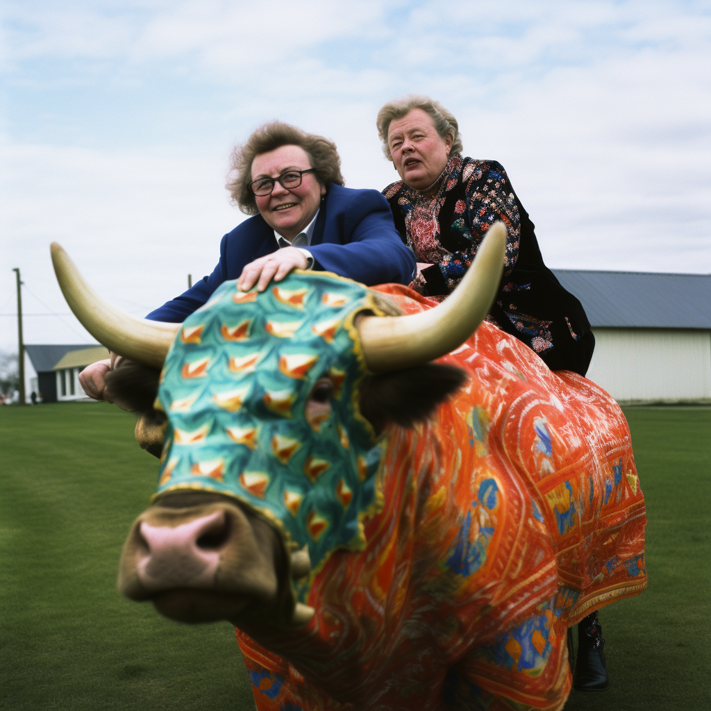 Playful image of couple riding hairy bull