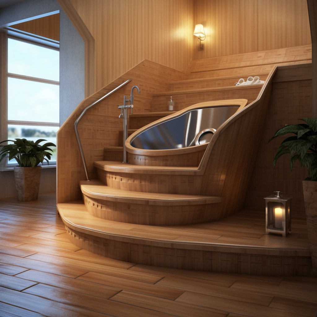 Wood finish bathtub on floor